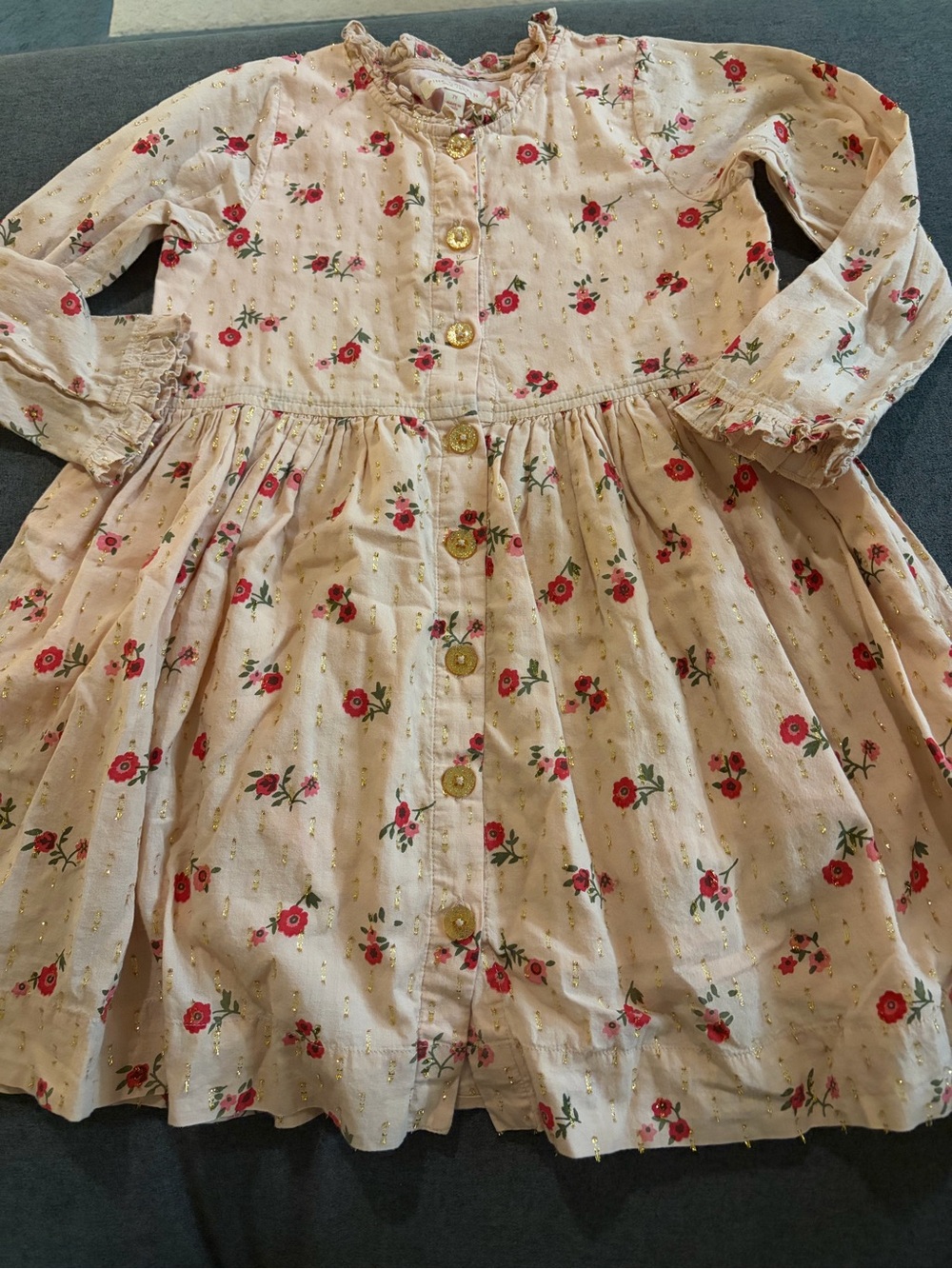 Pink Chicken Cream and Pink Floral Button-Front Dress with Gold Accents